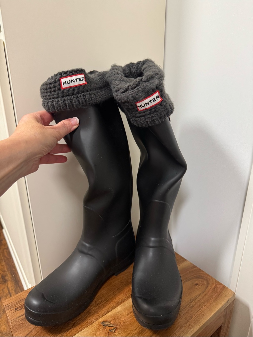 Hunter Black Rain Boots with Gray Knit Cuffs